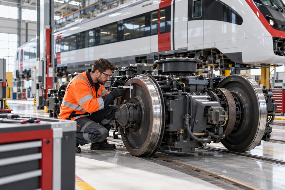 Demiryolu bakım tesisinde tren tekerlek takımının teknik kontrolü.
