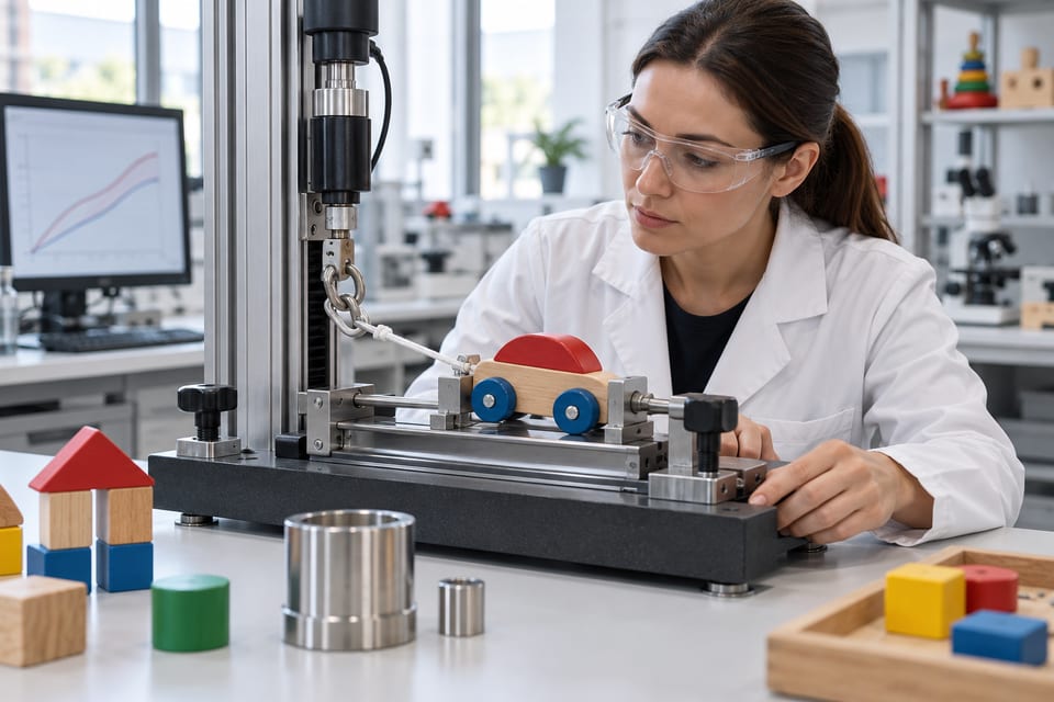 Laboratuvarda oyuncak ürününün mekanik güvenlik testi.