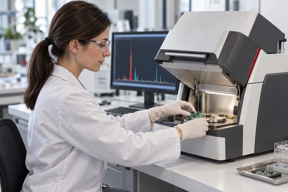 Elektronik malzeme numunesinin XRF cihazıyla uygunluk analizi.